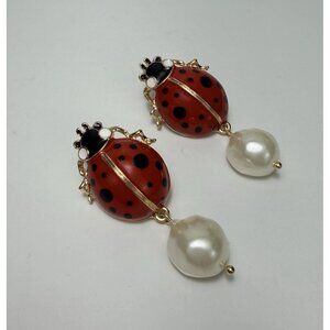 Zara NWOT Ladybug Statement Drop Earrings Red Black Gold Tone Pearl Dangle
